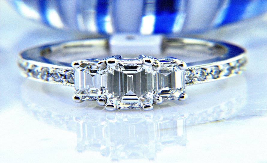 Ladies 14k Past, Present and Future Three Stone Emerald Cut Diamond Ring